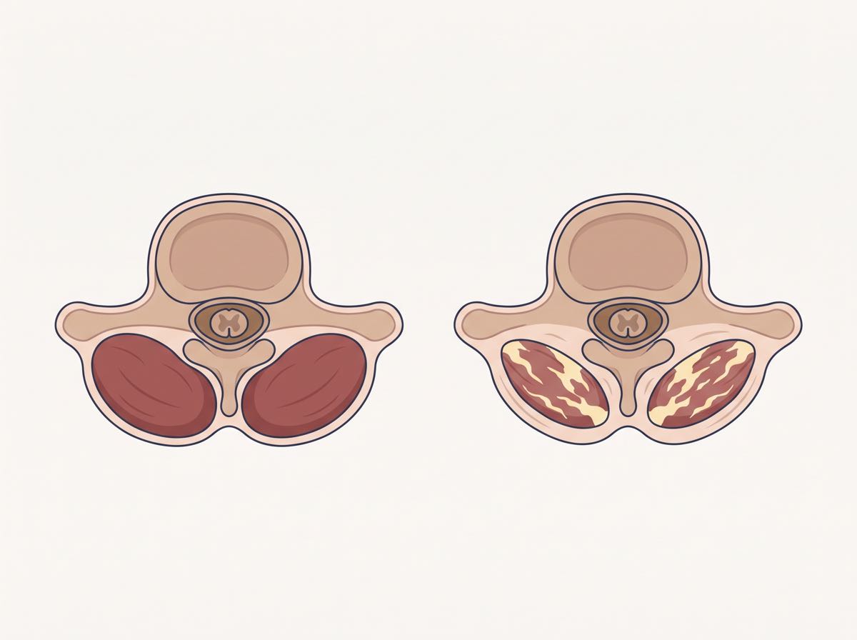 Illustration comparing a full deep spinal stabiliser muscle with a wasted, fatty-infiltrated one.
