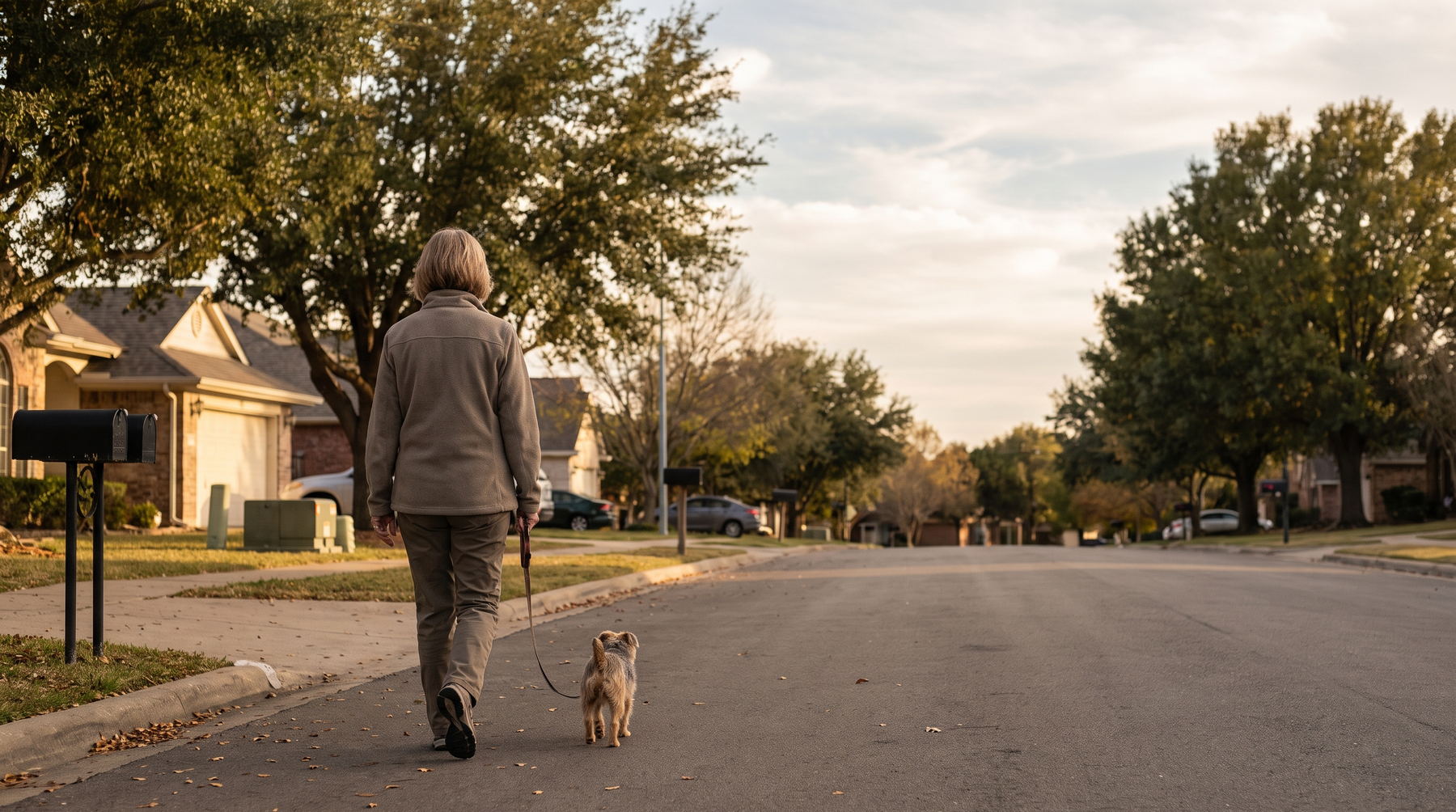 A woman in her sixties walking her dog past the mailbox on a suburban street.