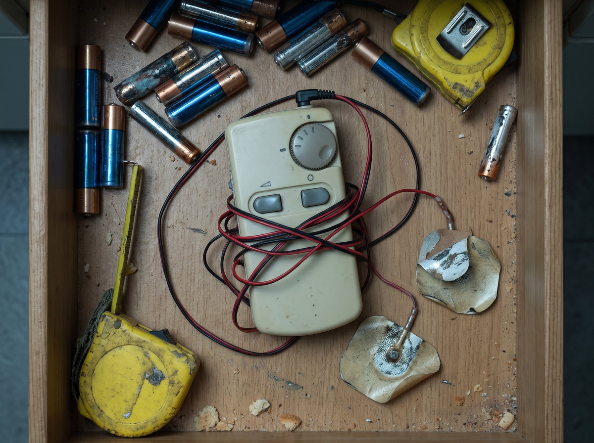 An old wired TENS unit tangled among the clutter of a kitchen drawer.