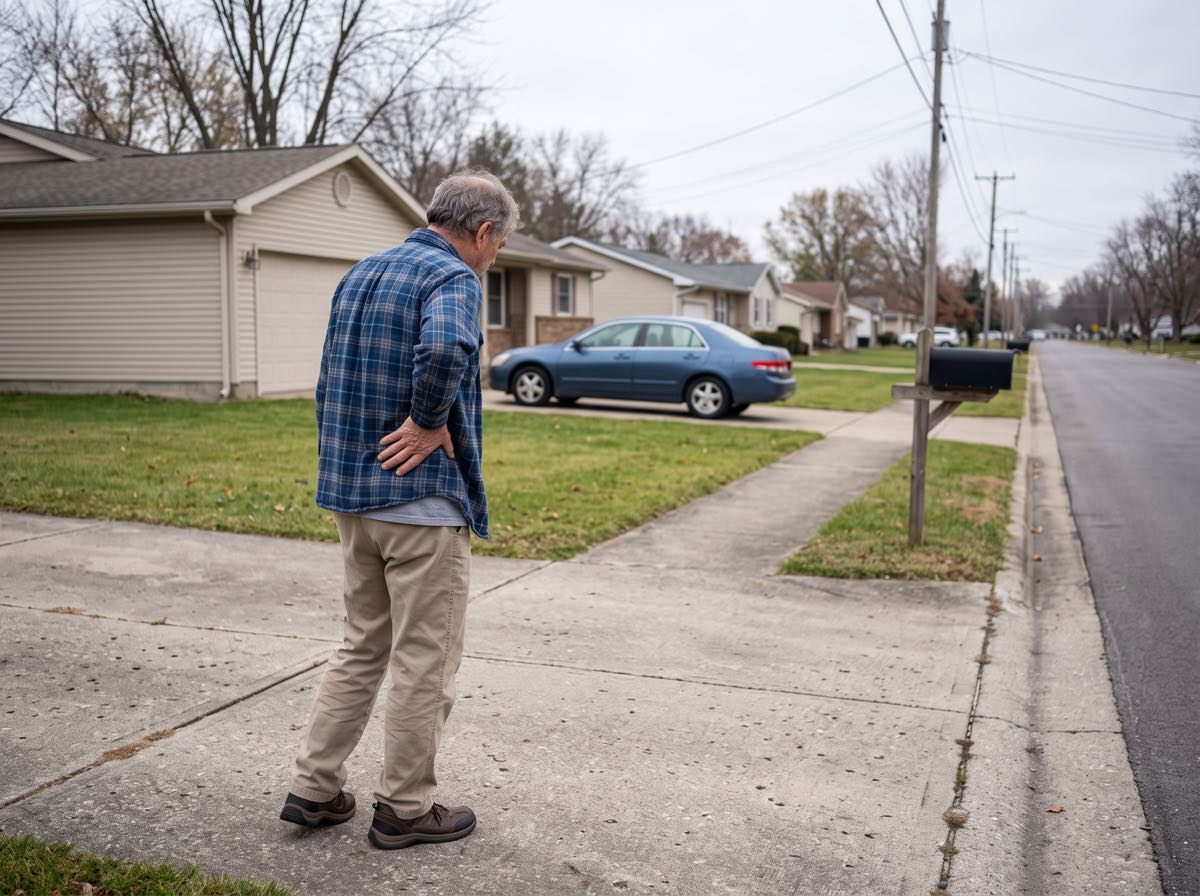 A man stops halfway up his own driveway with a hand on his lower back.