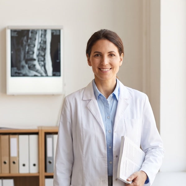 A researcher in a white coat holding a printed journal, with a lumbar spine MRI on the wall behind her.