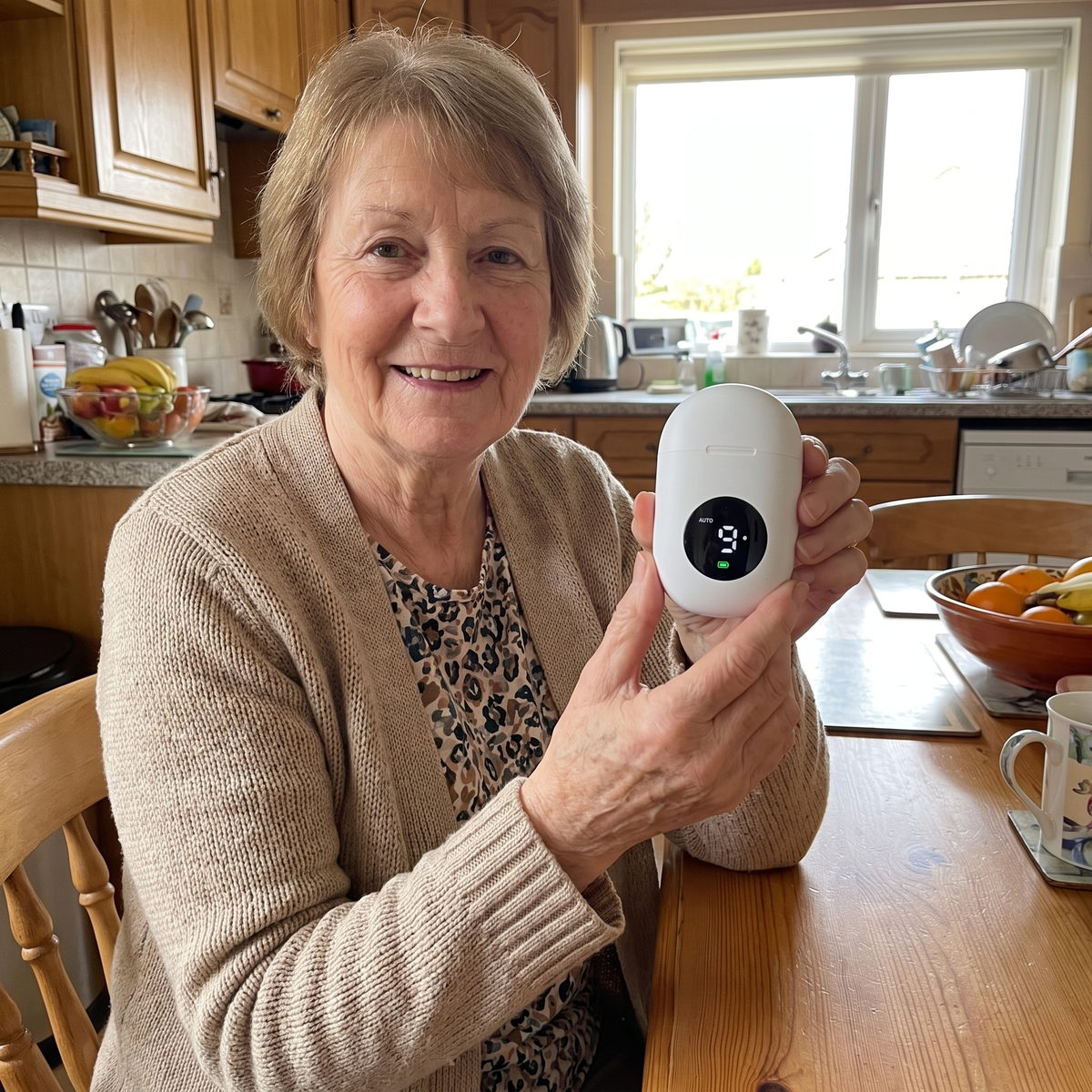 A woman in her sixties at her kitchen table, smiling, holding the charging case.