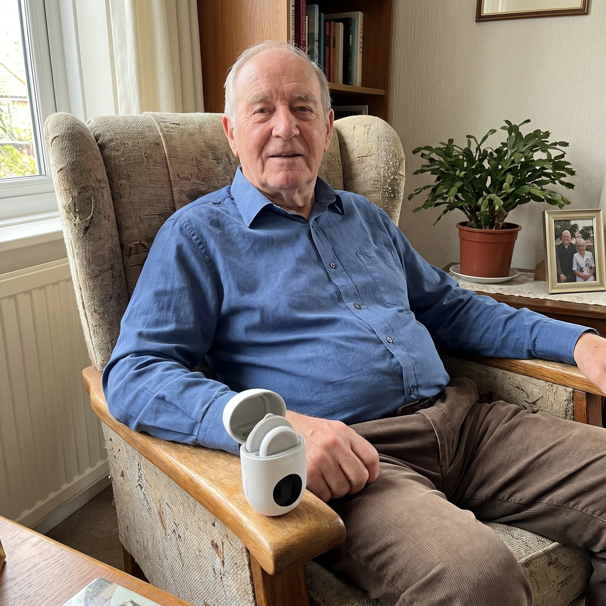 A man in his seventies in his armchair, the open charging case on the armrest.